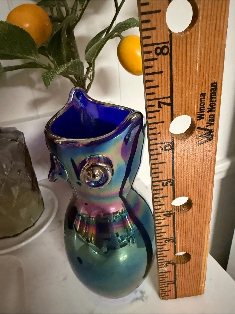 Vintage 1972 Signed Gibson Art Glass Cobalt Blue Carnival Glass Owl Vase